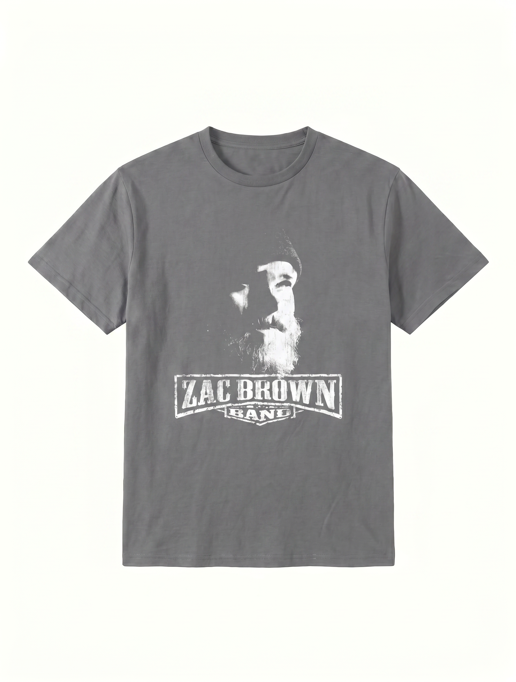 AI Recolor output — same band t-shirt recolored to gray, print detail and fabric texture preserved for a marketplace variant listing