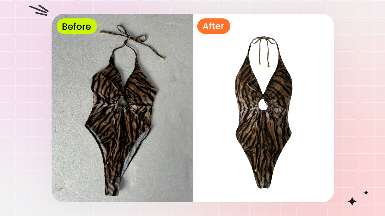 AI Swimwear Model Generator thumbnail — 2-panel before/after cover (blue tile-print one-piece flat-lay on the left, AI ghost mannequin clean output on the right)