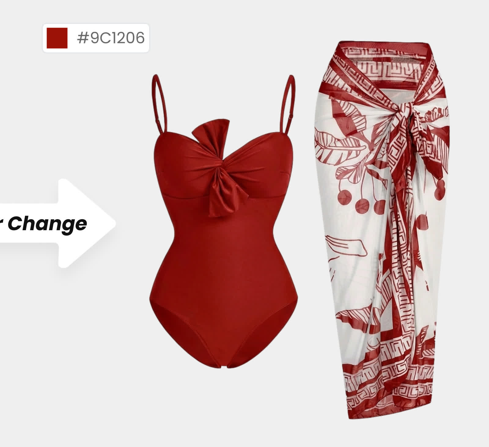 Same one-piece swimsuit and sarong set regenerated in red #9C1206 by AI Color Change — sarong print pattern and ruched bow detail preserved across the colorway, no re-shoot needed