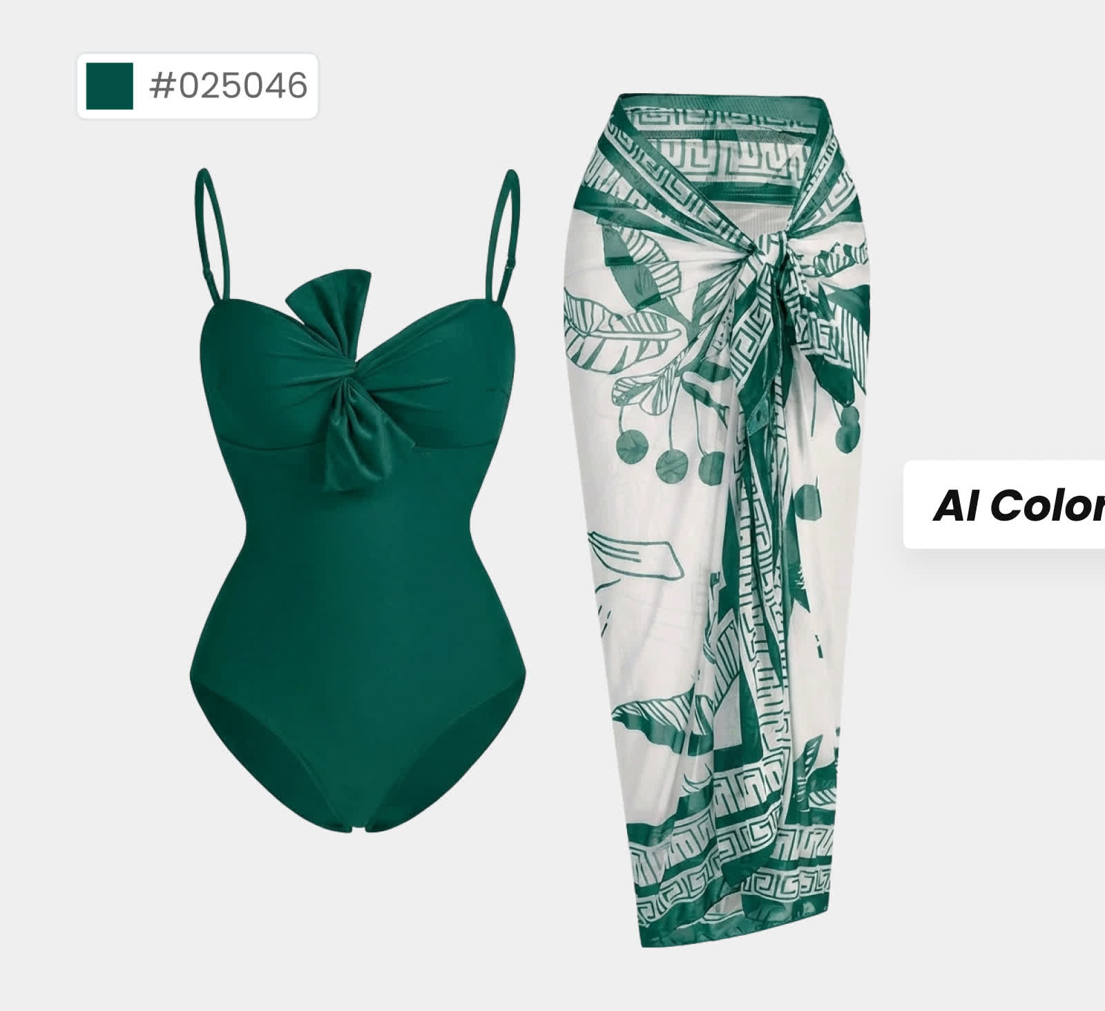 Green #025046 one-piece swimsuit and matching sarong cover-up — the original colorway the brand actually photographed before AI Color Change recolor pass
