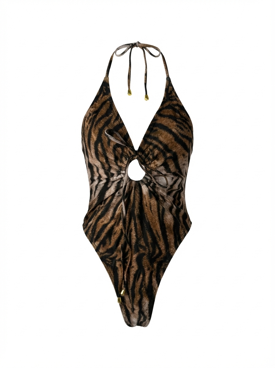 Same tiger-print one-piece rendered as clean 3D invisible-mannequin cutout on pure white background — Amazon main-image RGB 255,255,255 spec ready, no real mannequin