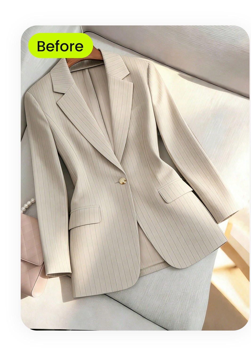 Thrifted beige pinstripe workwear blazer flat-lay on a soft satin surface