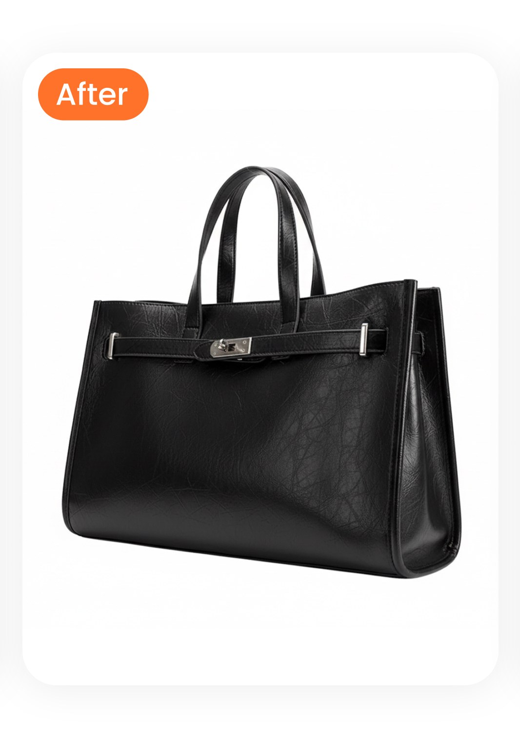 Same black tote rendered as ghost mannequin product cutout on clean white background