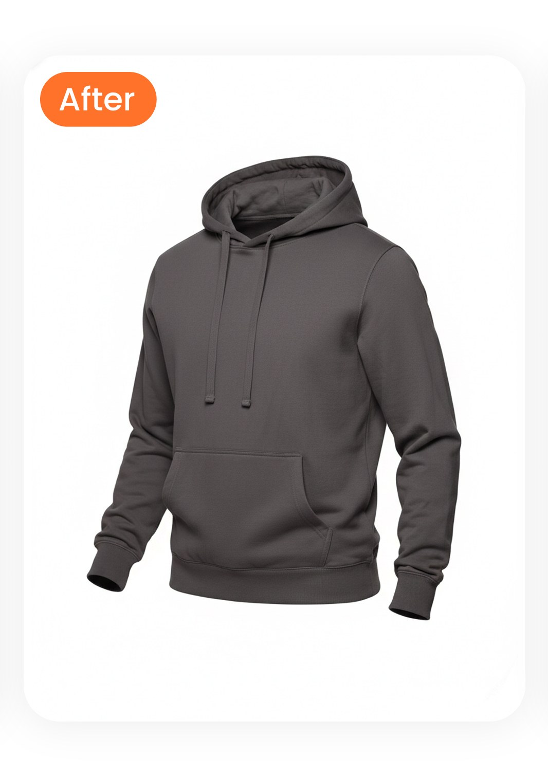 Same gray hoodie rendered as ghost mannequin with 3D worn shape on clean white catalog background