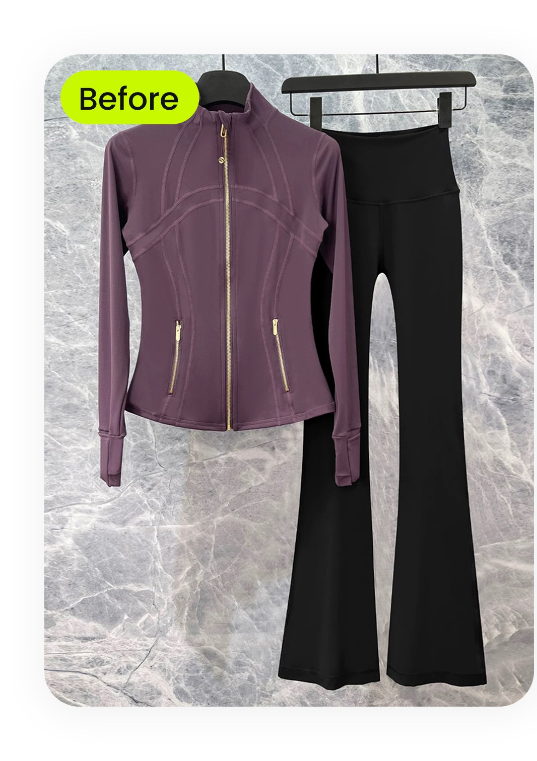 Real thrift find &mdash; purple jacket and black flare pants on a wire hanger photographed against a marbled wall
