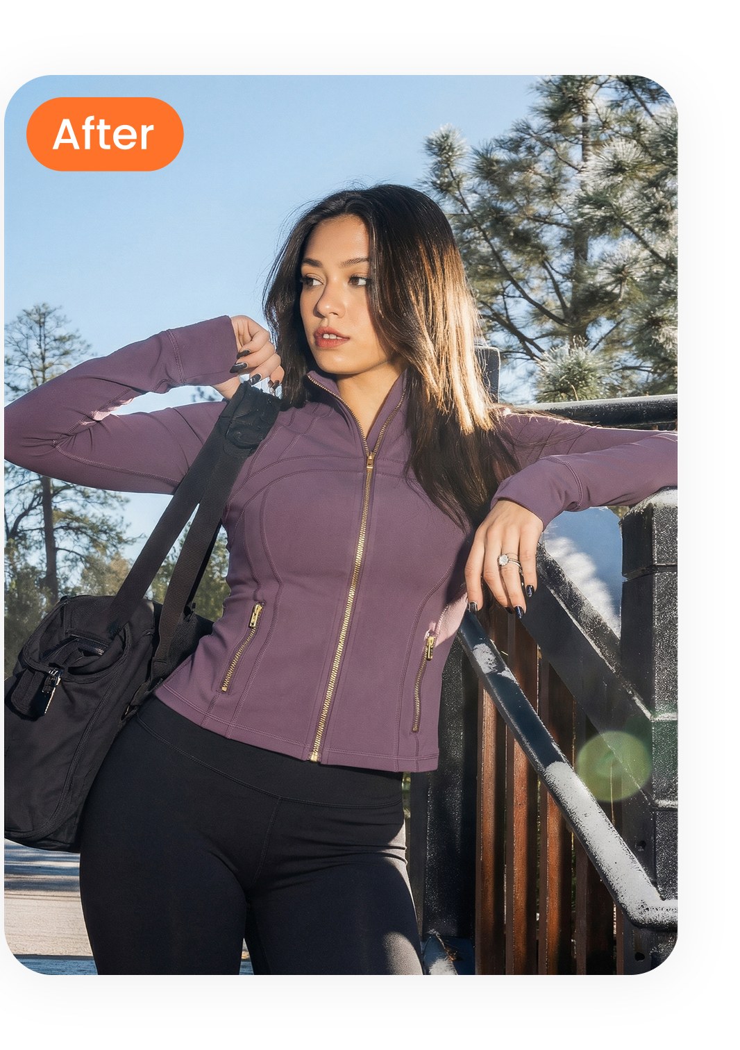 Same purple jacket and flare pants rendered on an AI female model in an outdoor lifestyle scene with handbag styling