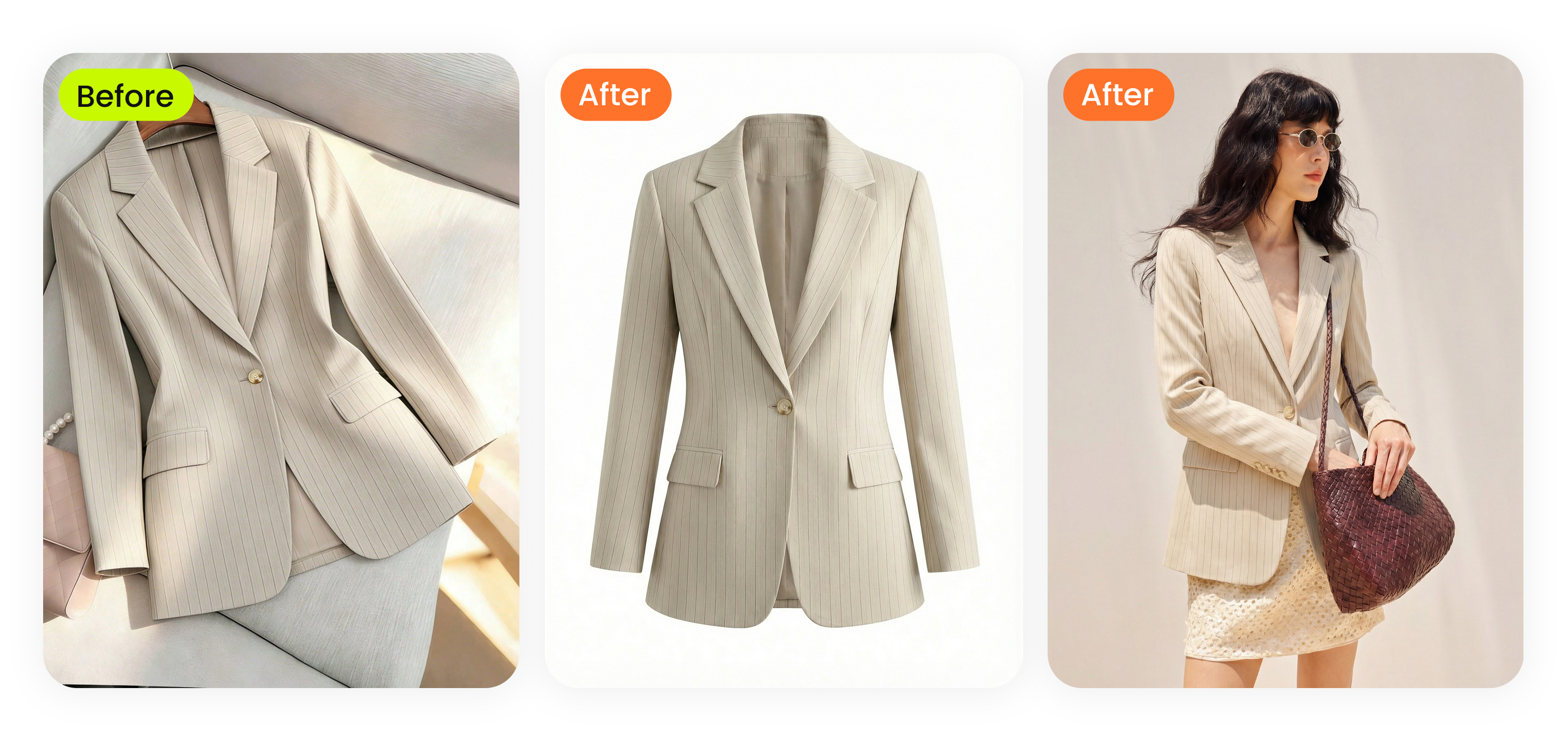 Real thrift find &mdash; beige pinstripe blazer flat-lay on a soft satin surface (workwear thrift category) &mdash; transformed into ghost mannequin catalog photo with crisp lapels and shoulder shape, then rendered on AI female model holding a vintage tote bag