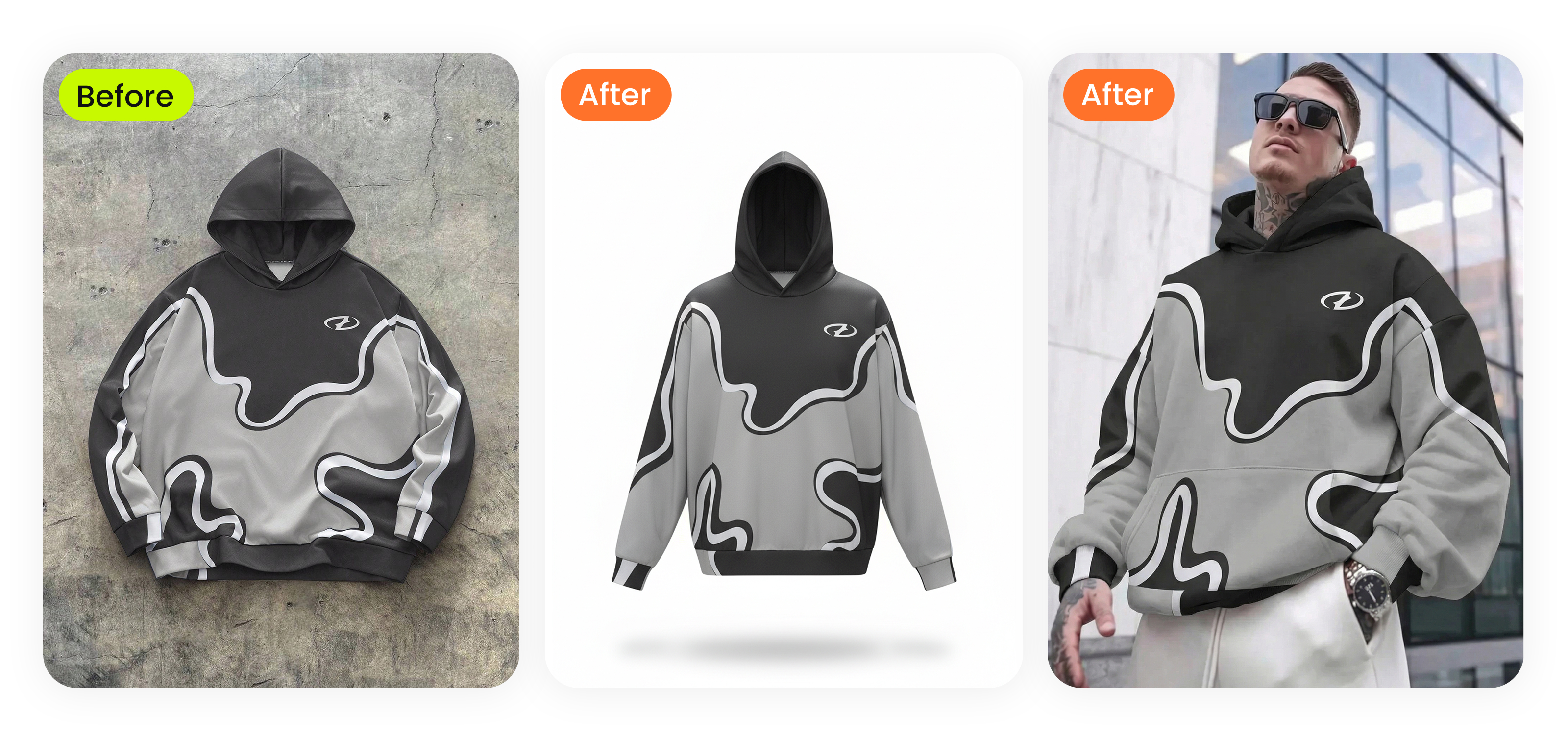 Real thrift find &mdash; graffiti-print streetwear hoodie photographed flat on rough concrete (typical Depop seller surface) &mdash; transformed into ghost mannequin clean white catalog photo, then rendered on AI male model in urban architectural setting with sunglasses