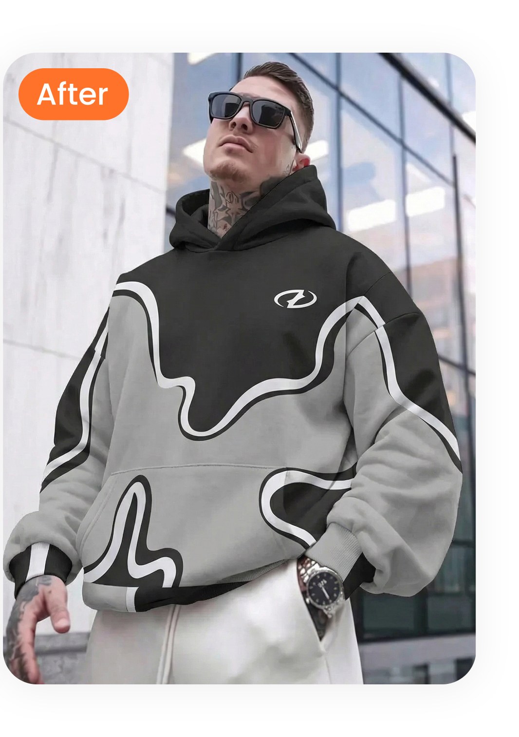 Same streetwear hoodie shown on an AI male model in an urban architectural setting with sunglasses