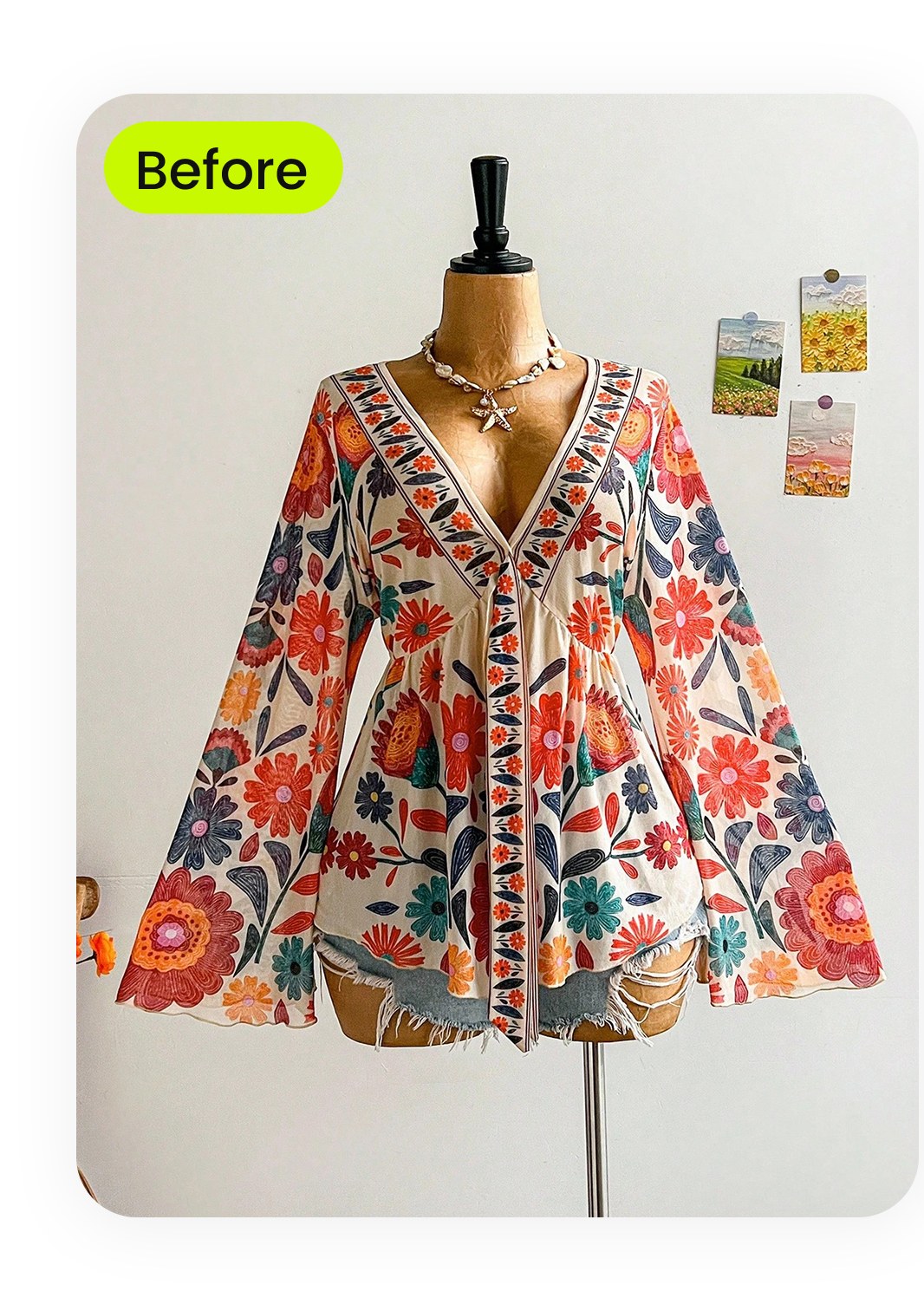 Real vintage piece &mdash; 1970s boho floral blouse on a draped dress-form mannequin in a vintage seller home setup