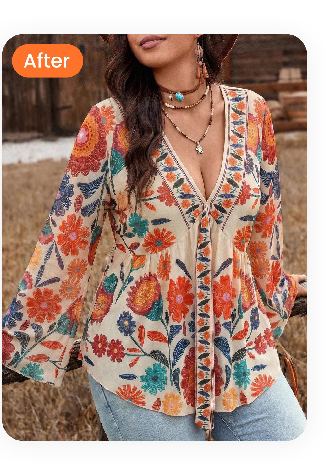 Same boho blouse rendered on an AI female model in a rustic outdoor field setting evoking a 1970s editorial mood