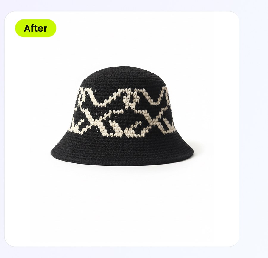 Same crochet bucket hat rendered as a clean studio cutout with rebuilt 3D shape on pure white background