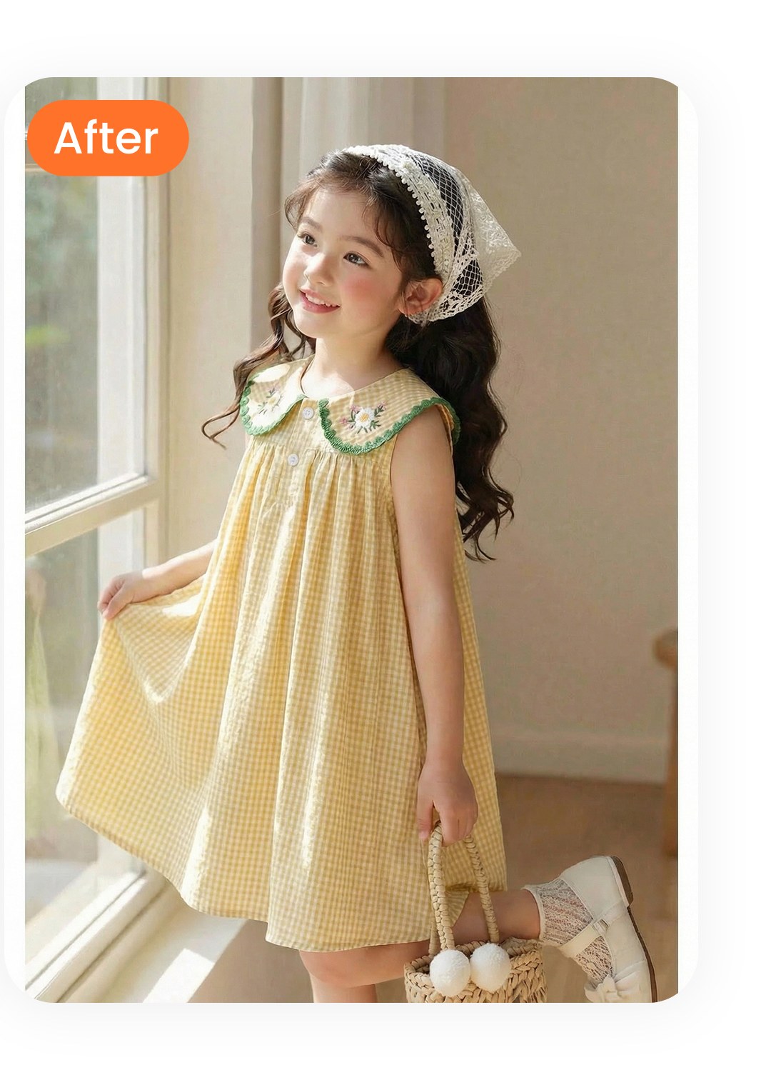 Same gingham child's dress rendered on an AI child model with lace head scarf in a sunlit window scene