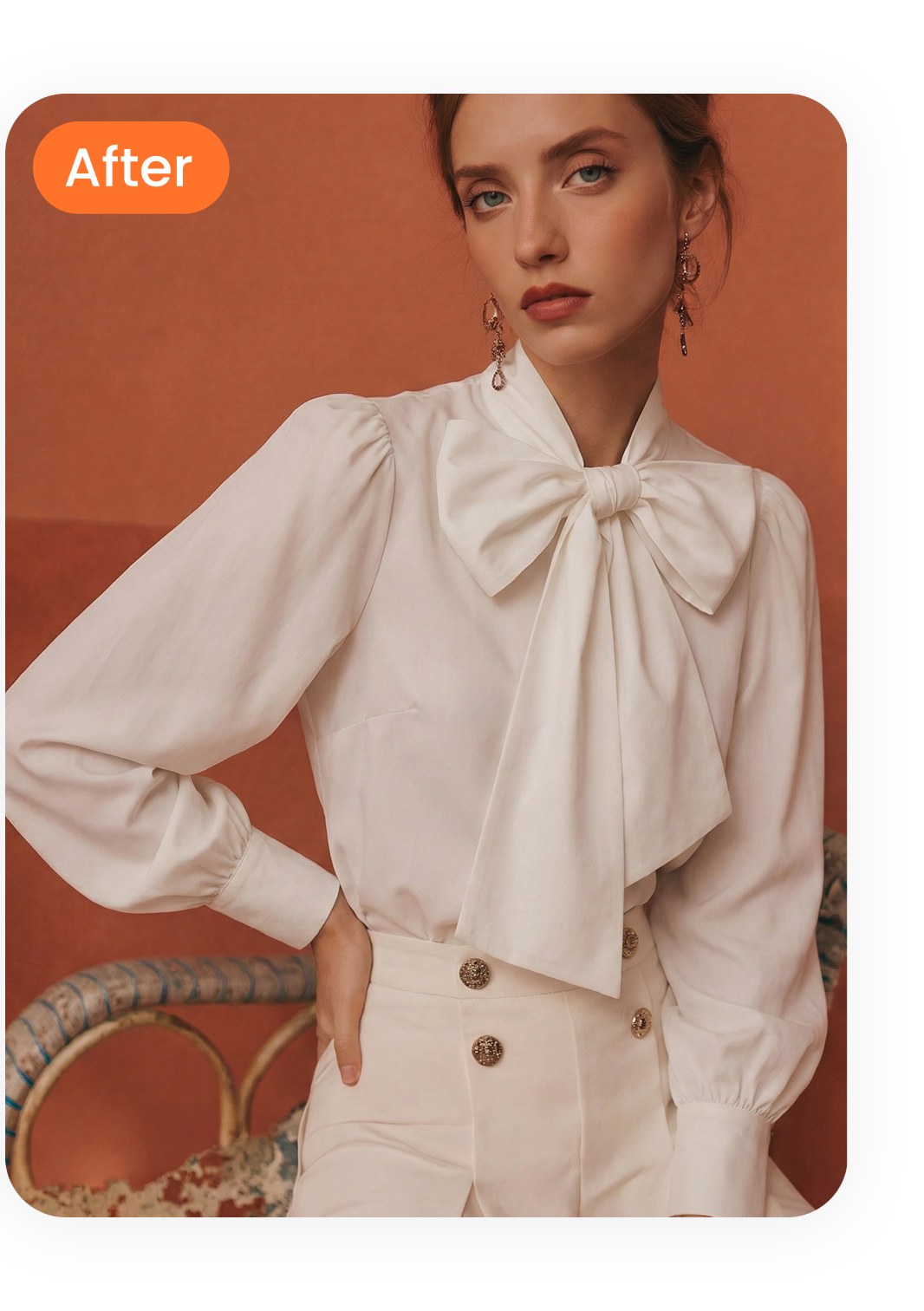 Same maxi dress rendered on an AI model in a lakeside Italian-village lifestyle scene with woven straw bag