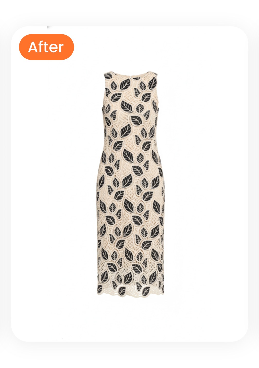 Same leaf-print midi dress rendered as ghost mannequin with 3D worn shape on clean white catalog background