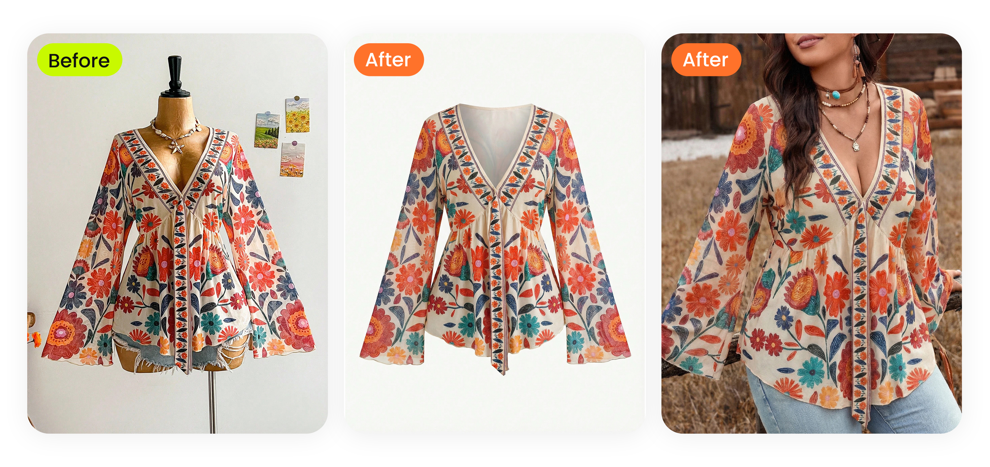 Real vintage piece &mdash; boho floral blouse on a draped dress-form mannequin in a typical vintage seller's home setup &mdash; transformed via AI ghost mannequin into clean catalog photo, then rendered on AI female model in rustic outdoor field setting evoking a 1970s mood