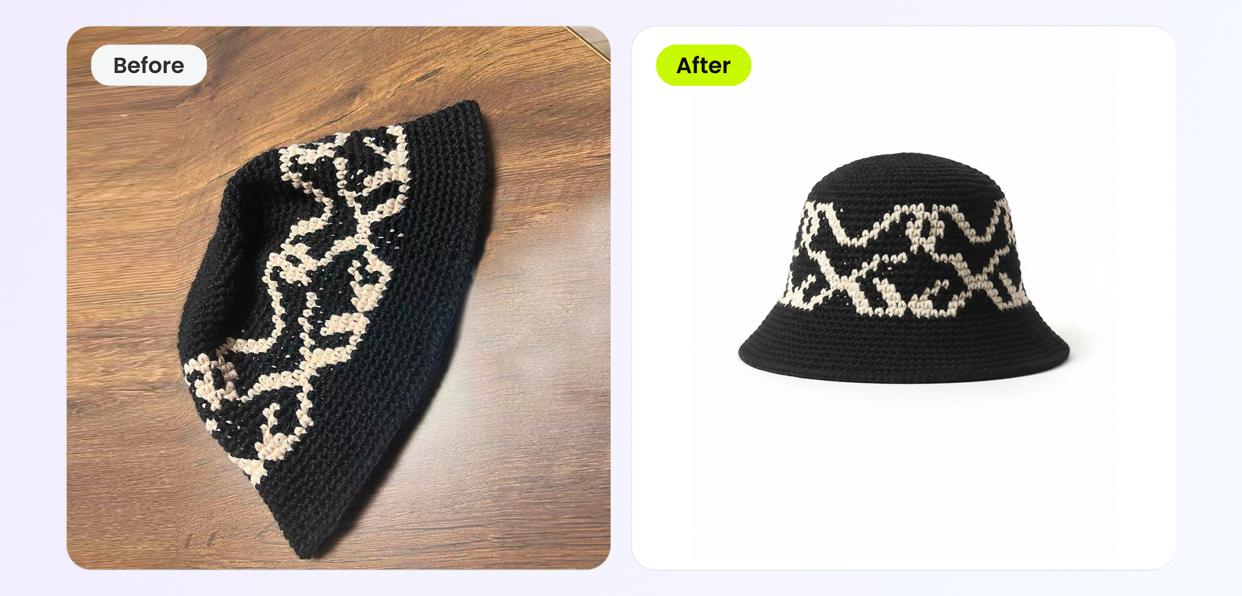 Real handmade piece &mdash; black-and-cream crochet bucket hat photographed flat on a wooden floor (typical Etsy seller surface) &mdash; transformed into clean studio cutout shot for catalog use