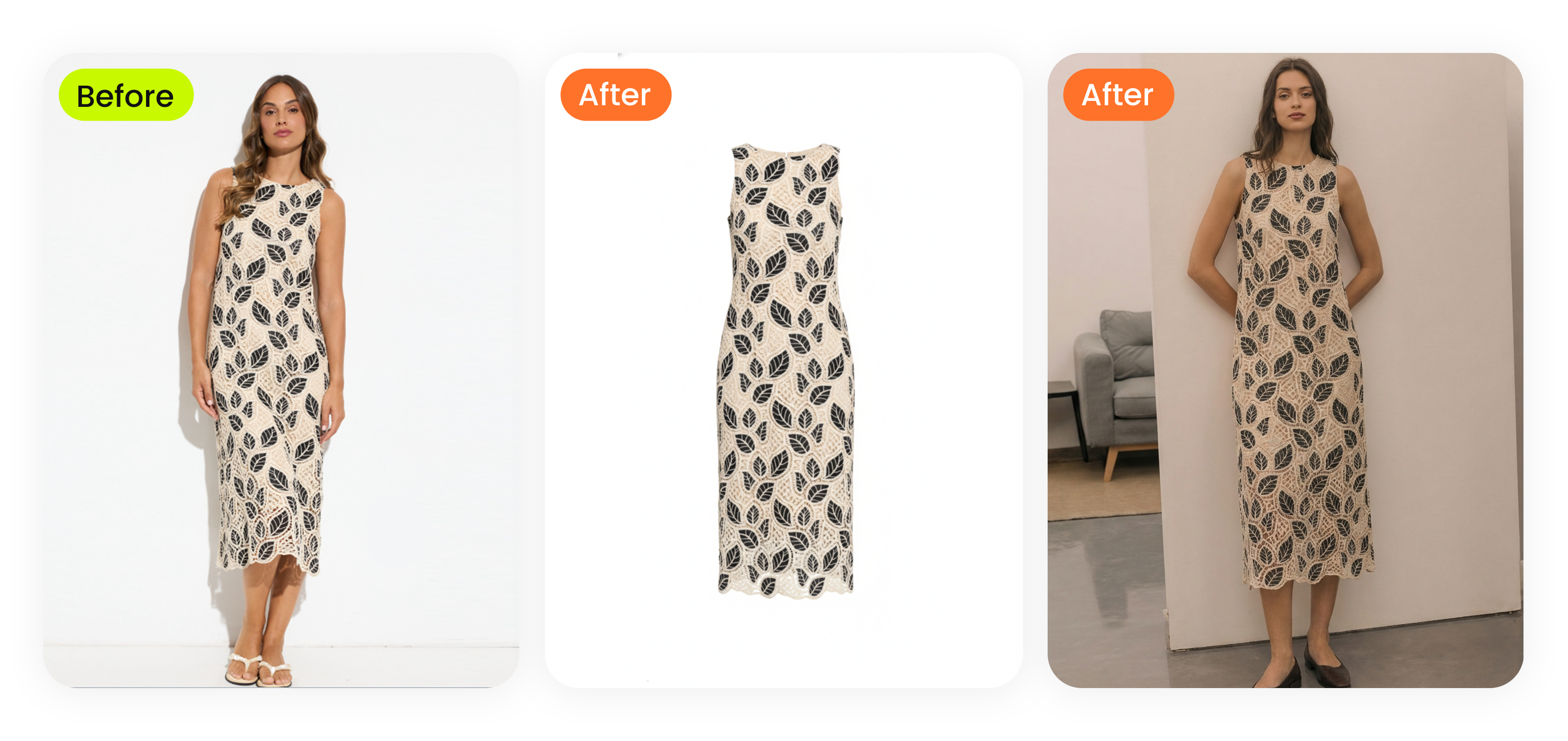 Real vintage piece &mdash; sleeveless leaf-print midi dress photographed on a young woman against a white wall (typical eBay-style on-model shot) &mdash; transformed via AI ghost mannequin into solo product photo, then rendered on AI model in styled neutral interior