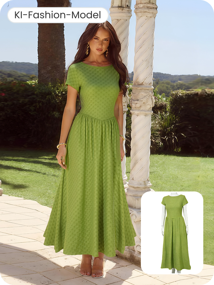 KI-Fashion-Model: grünes Kleid auf einem Model