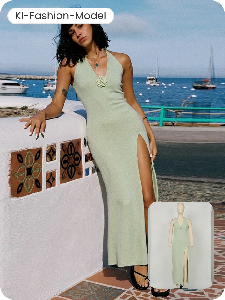 KI-Fashion-Model: mintgrünes Kleid auf einem Model
