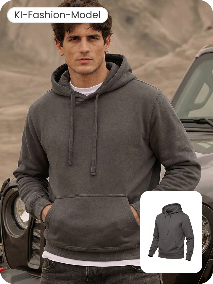 KI-Fashion-Model: grauer Hoodie auf einem Model