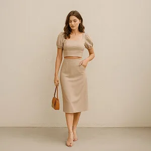 Image of a model wearing a shirt and a skirt, showing apparel ready to animate into a short video