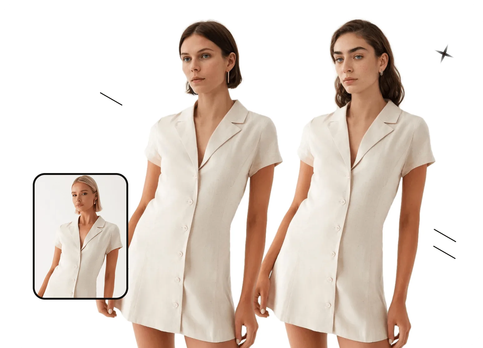 One outfit on multiple AI fashion models using model swap