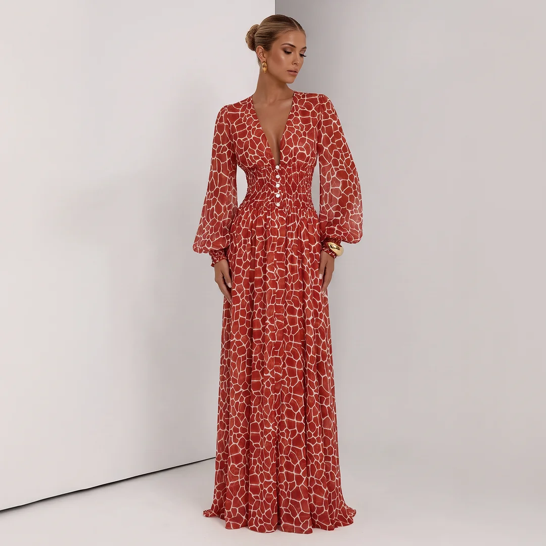 AI fashion model wearing the red patterned maxi dress in a studio
