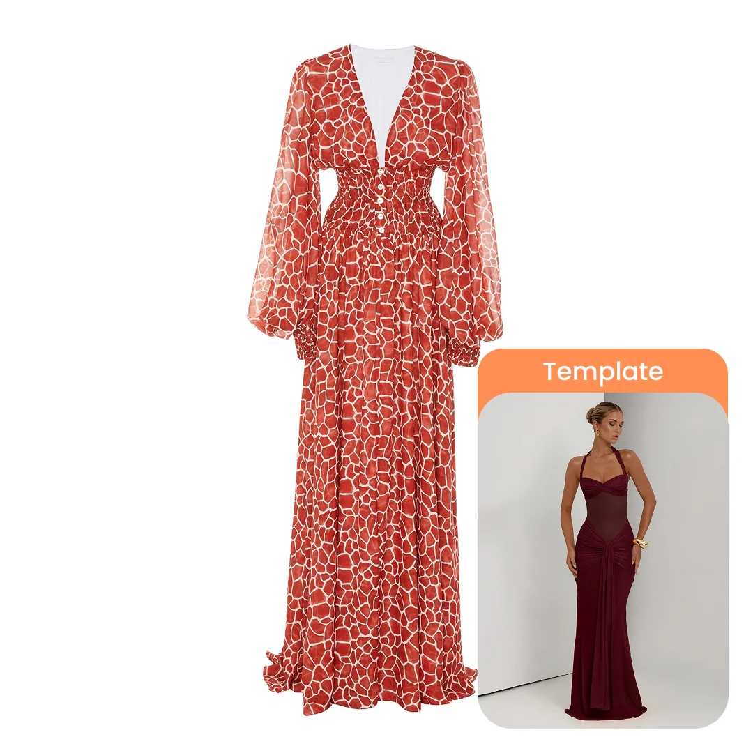 Red patterned maxi dress product photo with the selected model template