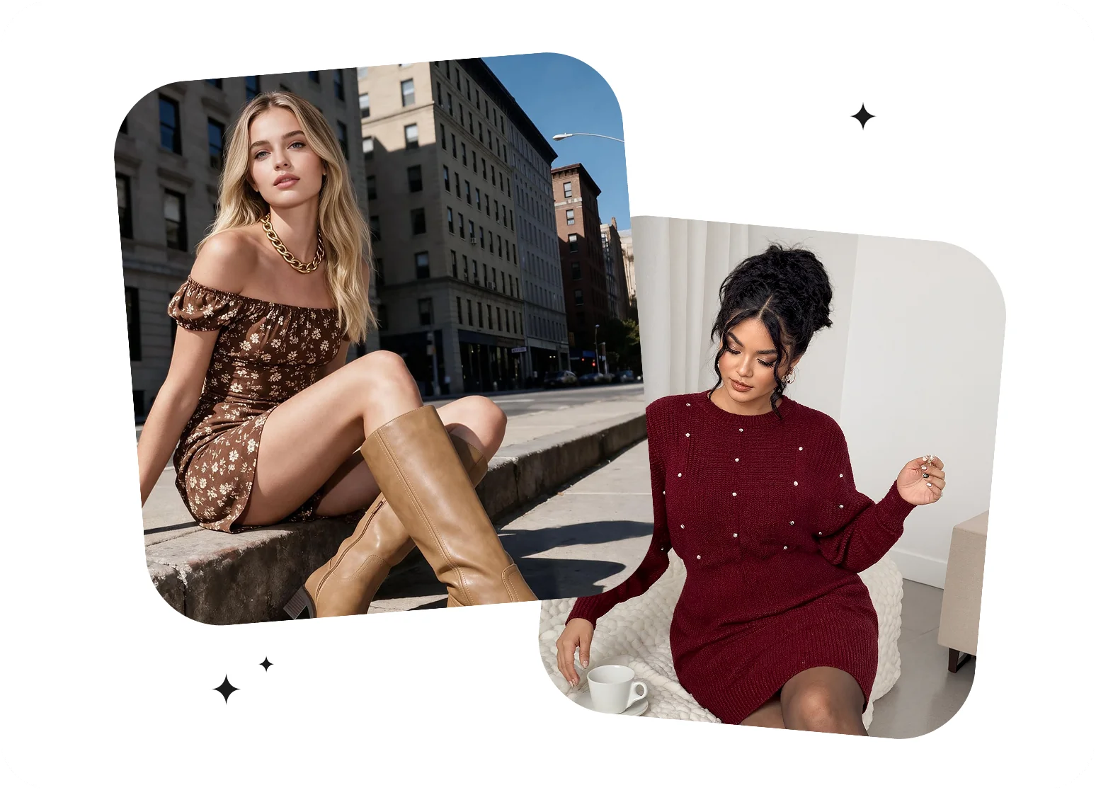 Regular and plus-size fashion models in casual lifestyle settings