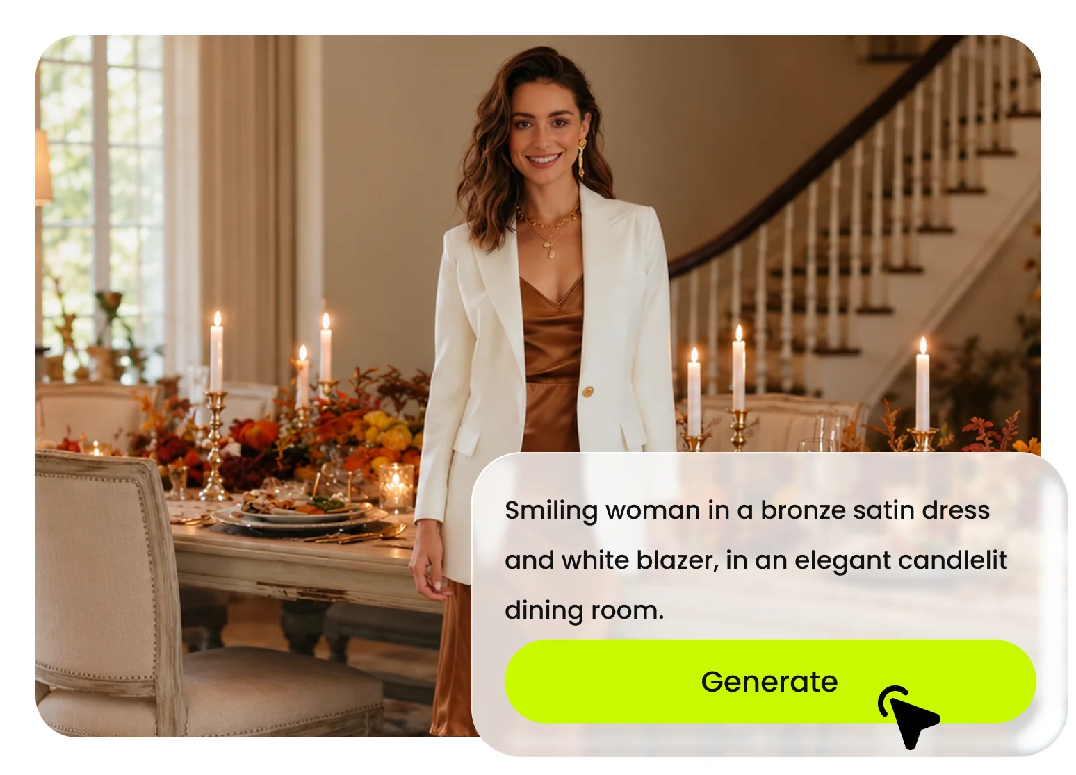 Text to Model example describing a woman in a bronze satin dress and white blazer in a candlelit dining room
