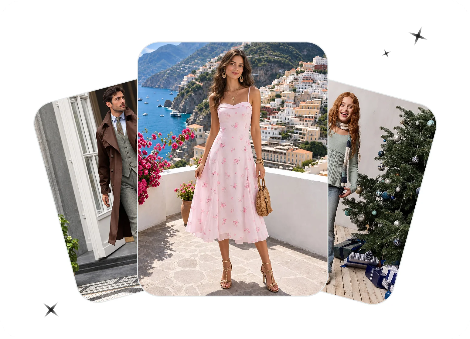 Women, men and kids shown in three fashion model templates